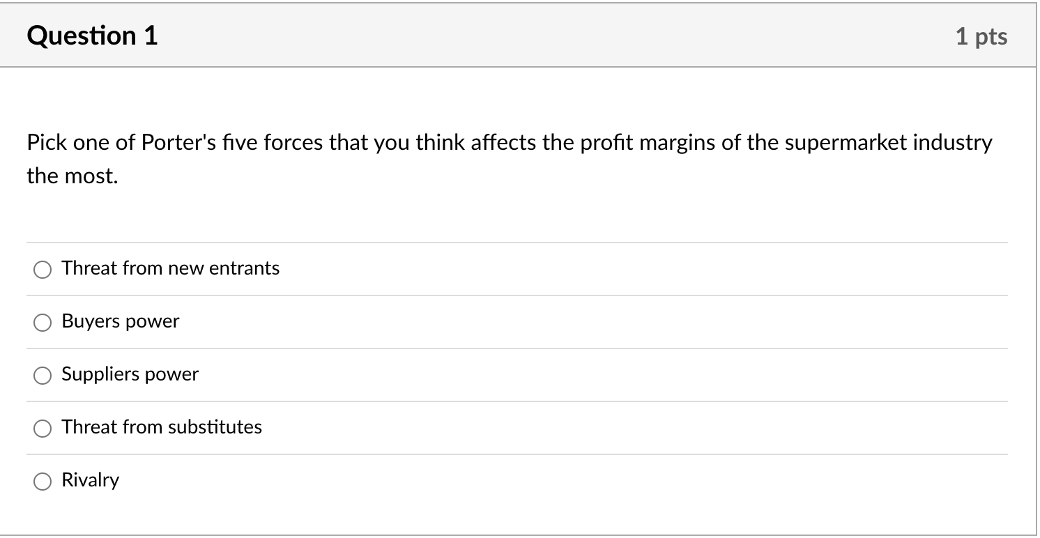 Question 1 1 pts Pick one of Porter's five forces