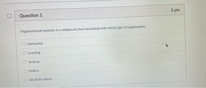2 pts Question 1 Organizational memory is a