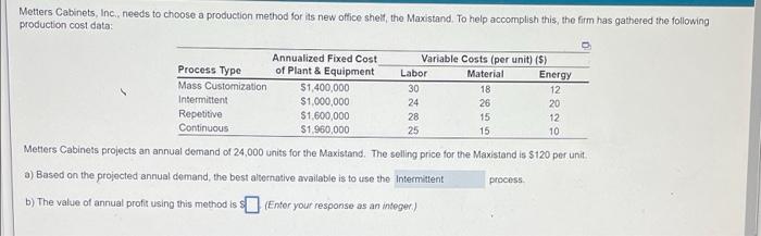 Metters Cabinets, Inc, needs to choose a