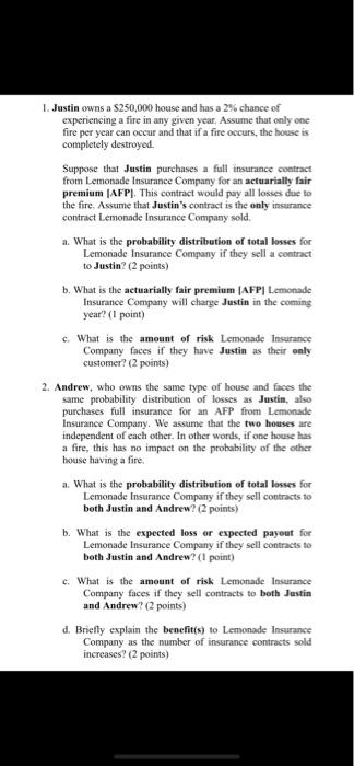 1. Justin owns a S250,000 house and has a 2%