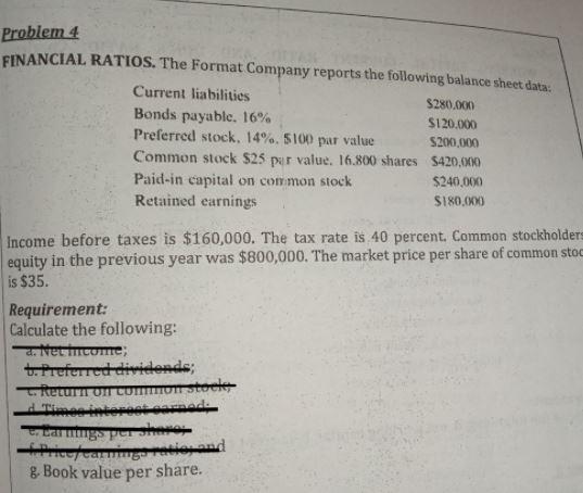 Problem 4 FINANCIAL RATIOS. The Format Company