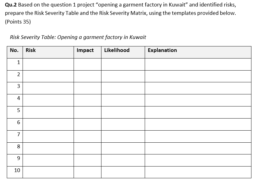Qu.2 Based on the question 1 project "opening a