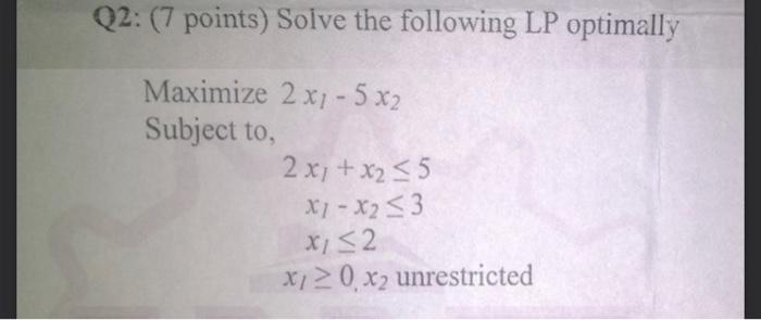 Q2: (7 points) Solve the following LP optimally