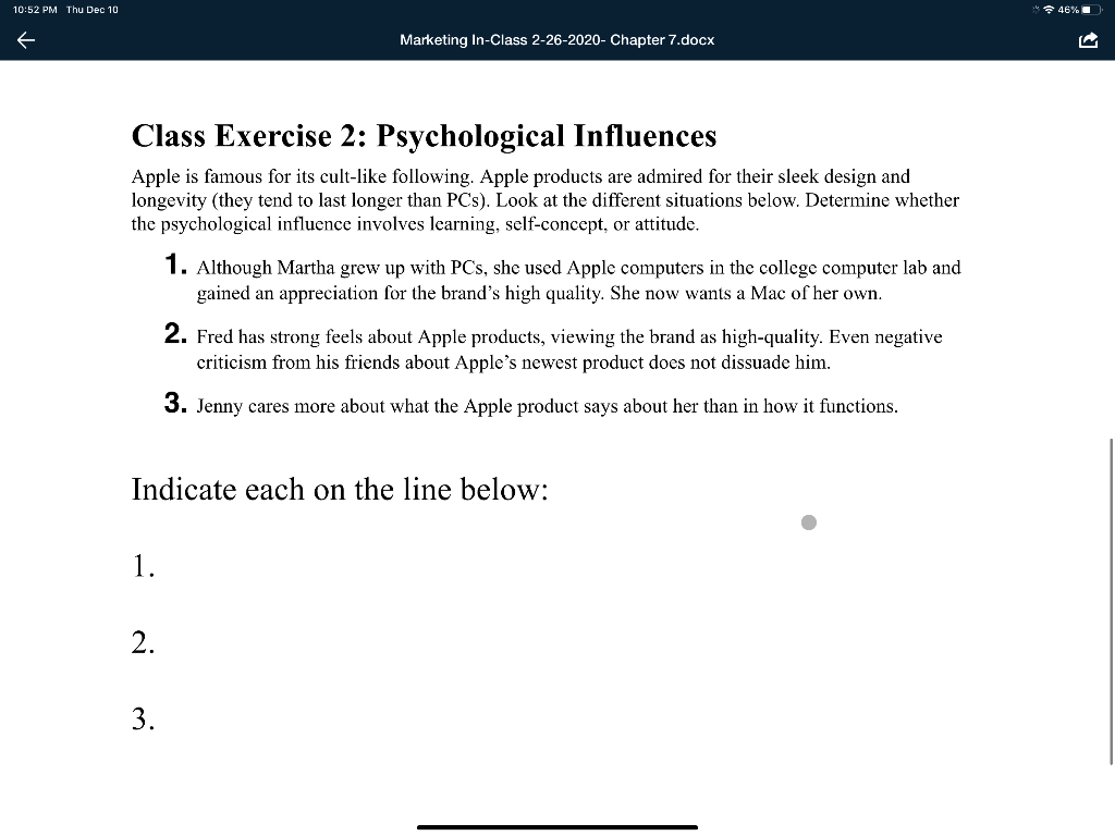 10:52 PM Thu Dec 10 46% Marketing In-Class