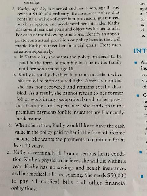 the opti a. b. C. d. e. INT earnings. 2. Kathy,