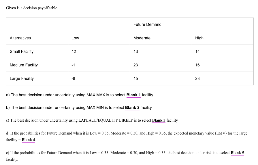 Given is a decision payoff table. a) The best