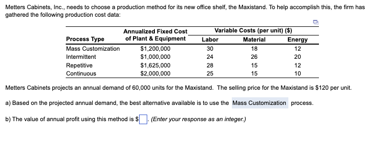 Metters Cabinets, Inc., needs to choose a