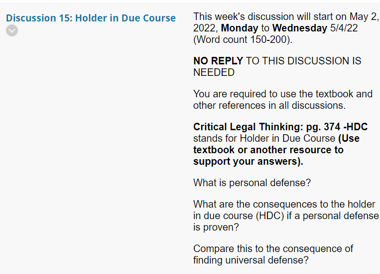 Discussion 15: Holder in Due Course This week's