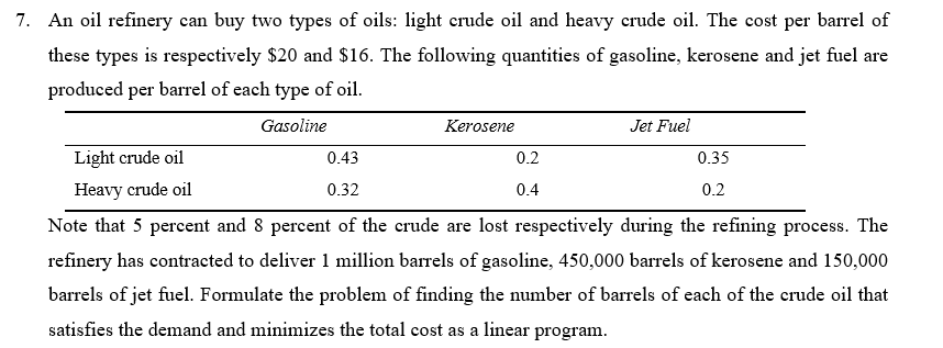 7. An oil refinery can buy two types of oils: