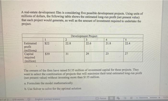 A real-estate development film is considering