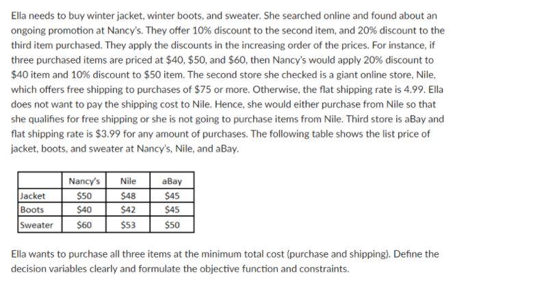 Ella needs to buy winter jacket, winter boots,