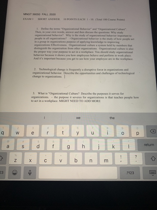 MNGT 36050 FALL 2020 EXAMI SHORT ANSWER 10 POINTS