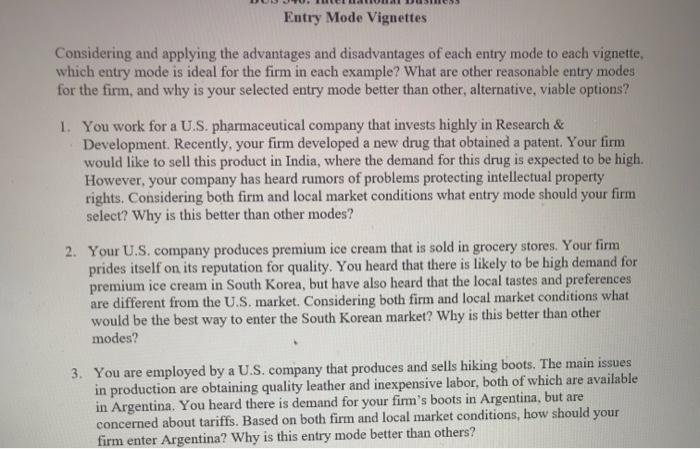Entry Mode Vignettes Considering and applying the