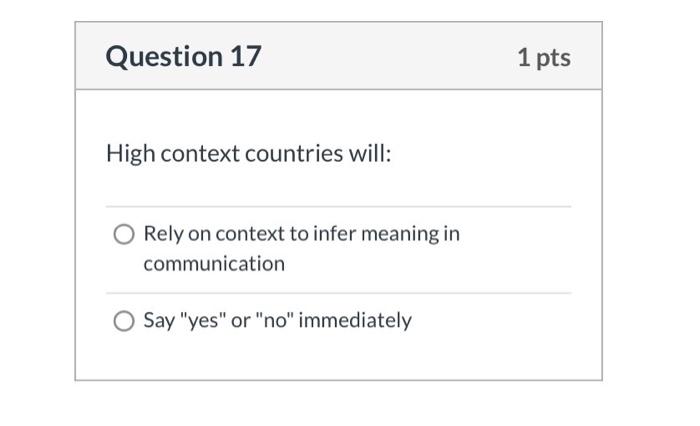 Question 17 High context countries will: O Rely
