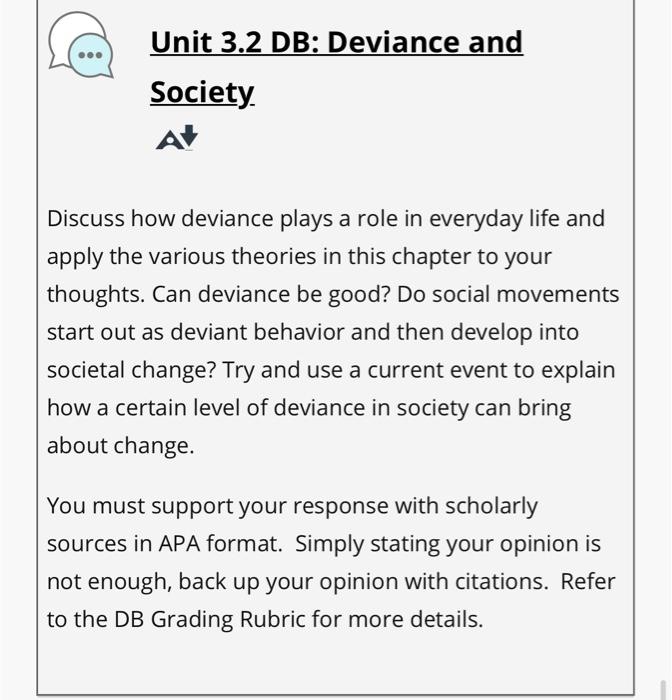 Unit 3.2 DB: Deviance and Society A Discuss how