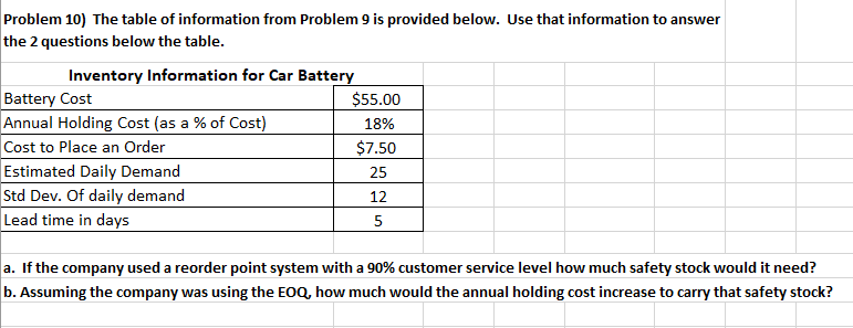 Problem 10) The table of information from Problem
