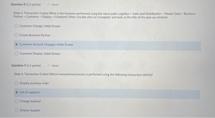 SAP Navigation Sived Question 8 (2.5 points)