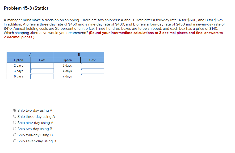 A manager must make a decision on shipping. There