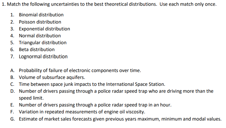 1. Match the following uncertainties to the best