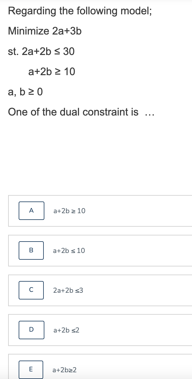 Regarding the following model; Minimize 2a+3b st.