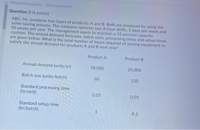 Question 2 (4 points) ABC, Inc. produces two