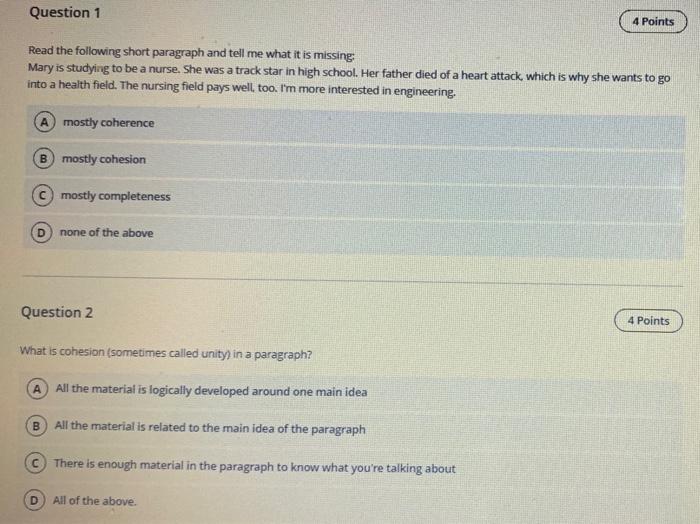 english please help asap! Question 1 4 Points