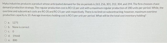 Maha industries produces a product whose