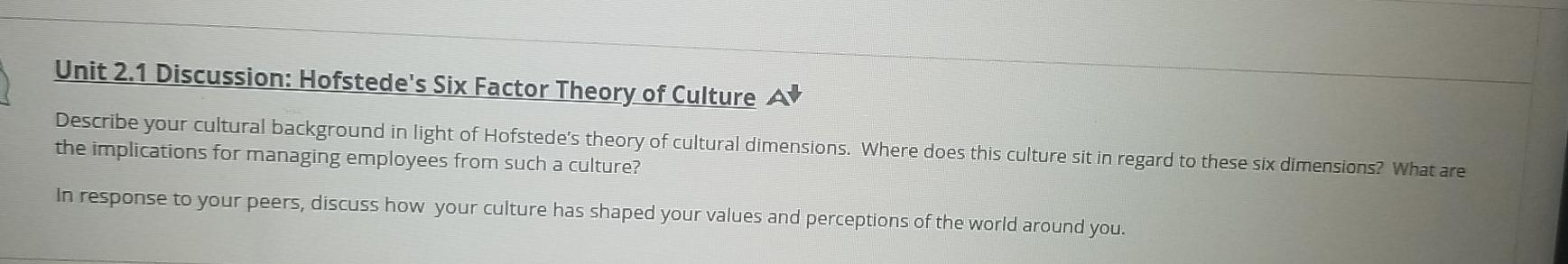 Unit 2.1 Discussion: Hofstede's Six Factor Theory