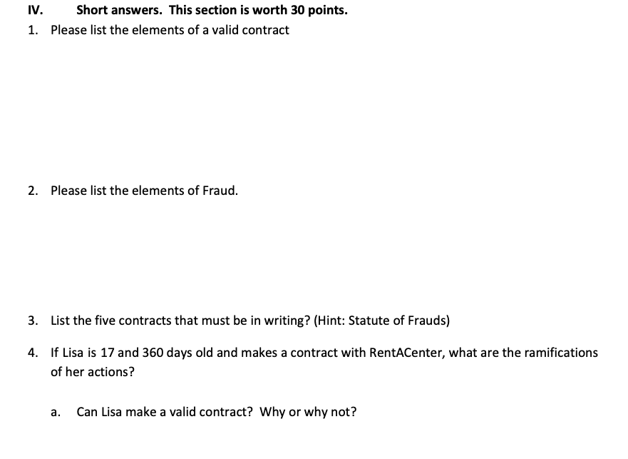 This is Business Law IV. Short answers. This