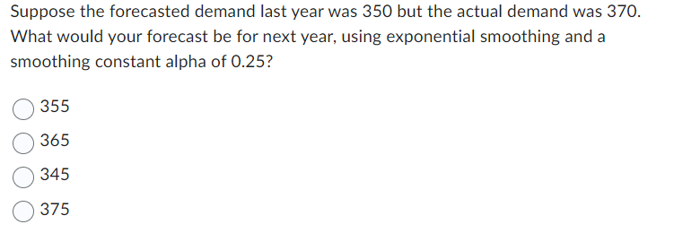 Suppose the forecasted demand last year was 350