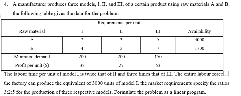 4. A manufacturer produces three models, I, II,