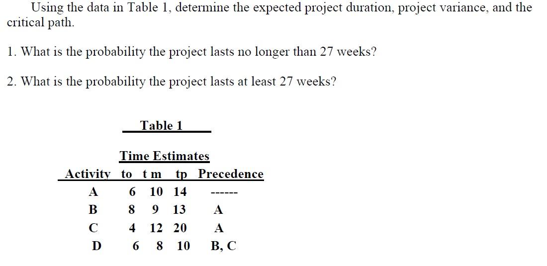 Using the data in Table 1, determine the expected