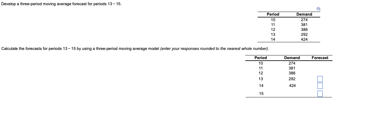Develop a three-period moving average forecast