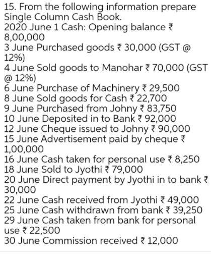 15. From the following information prepare Single