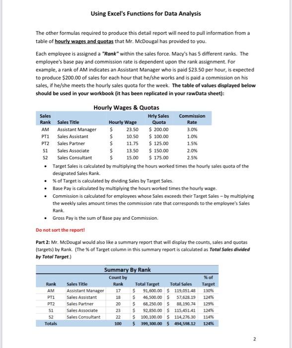 Using Excel's Functions for Data Analysis Due: