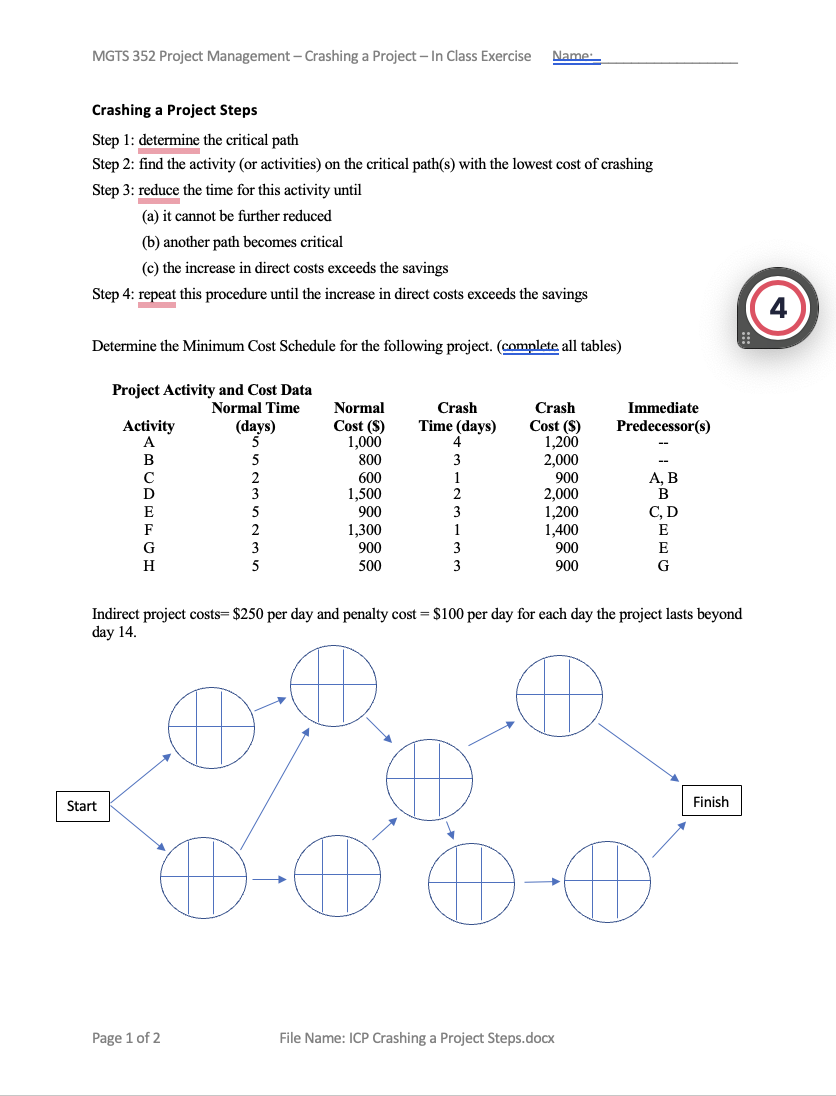 MGTS 352 Project Management - Crashing a Project