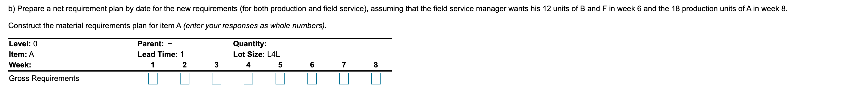 A part structure, lead time (weeks), and on-hand