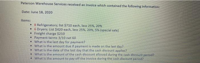 Peterson Warehouse Services received an invoice