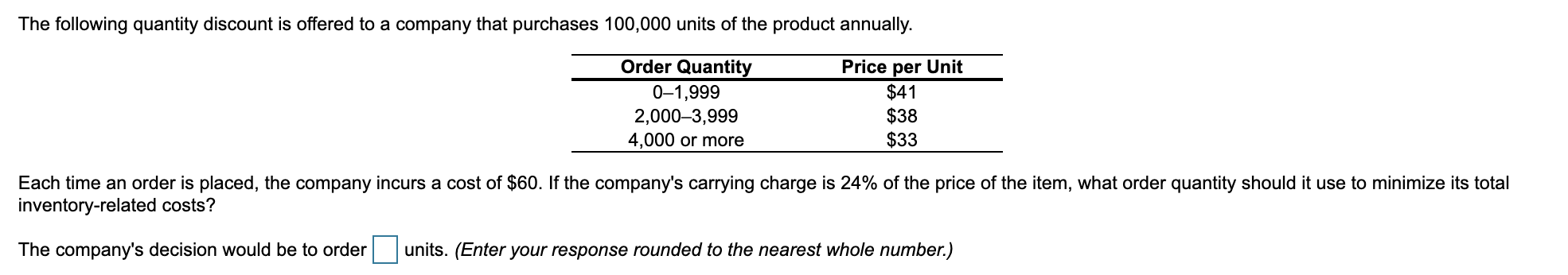 The following quantity discount is offered to a