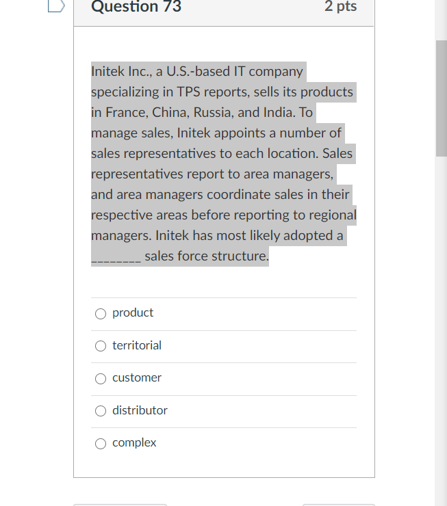 Question 73 2 pts Initek Inc., a U.S.-based IT