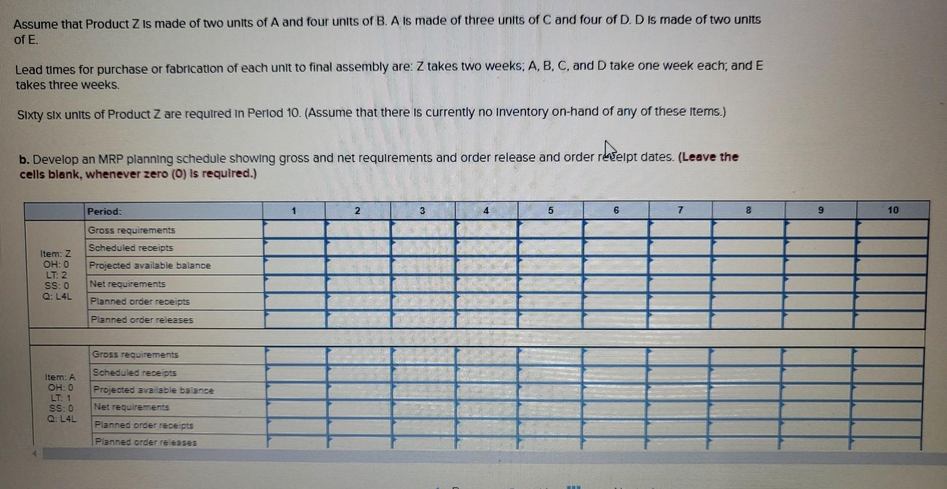 Assume that Product Z is made of two units of A