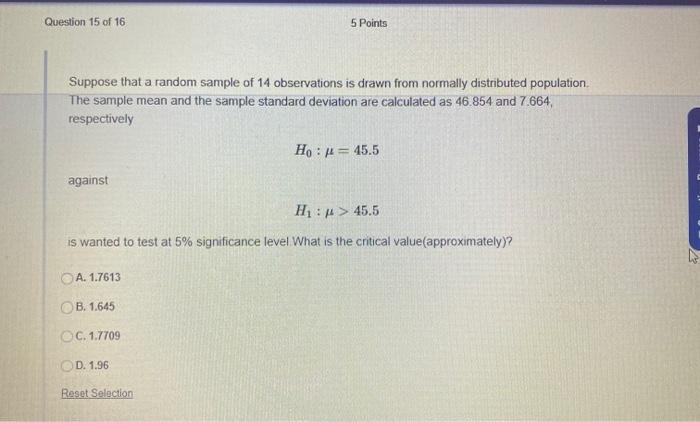 Part 1 of 1 Question 12 of 16 5 Points Suppose