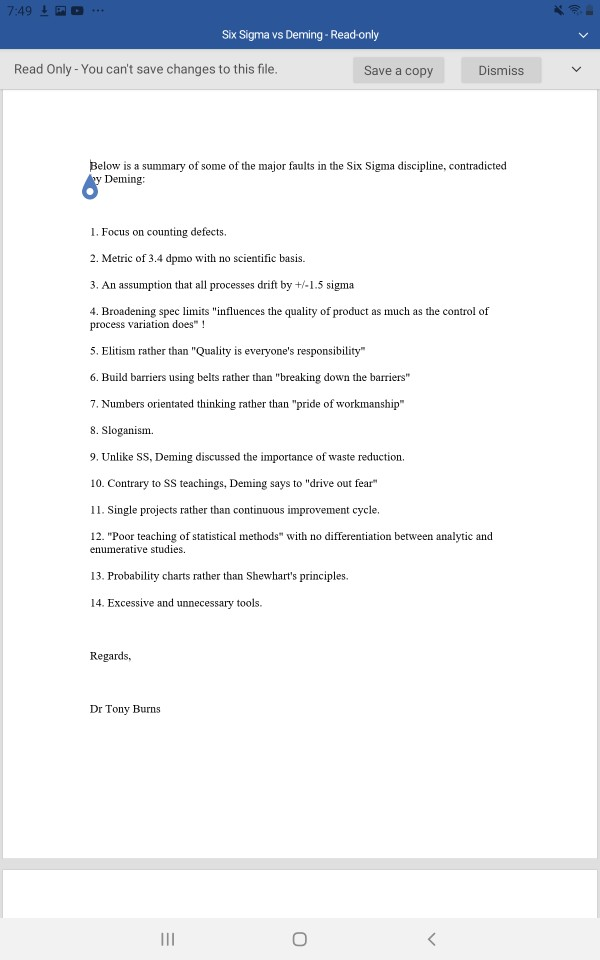 Study the email from a member of the Deming