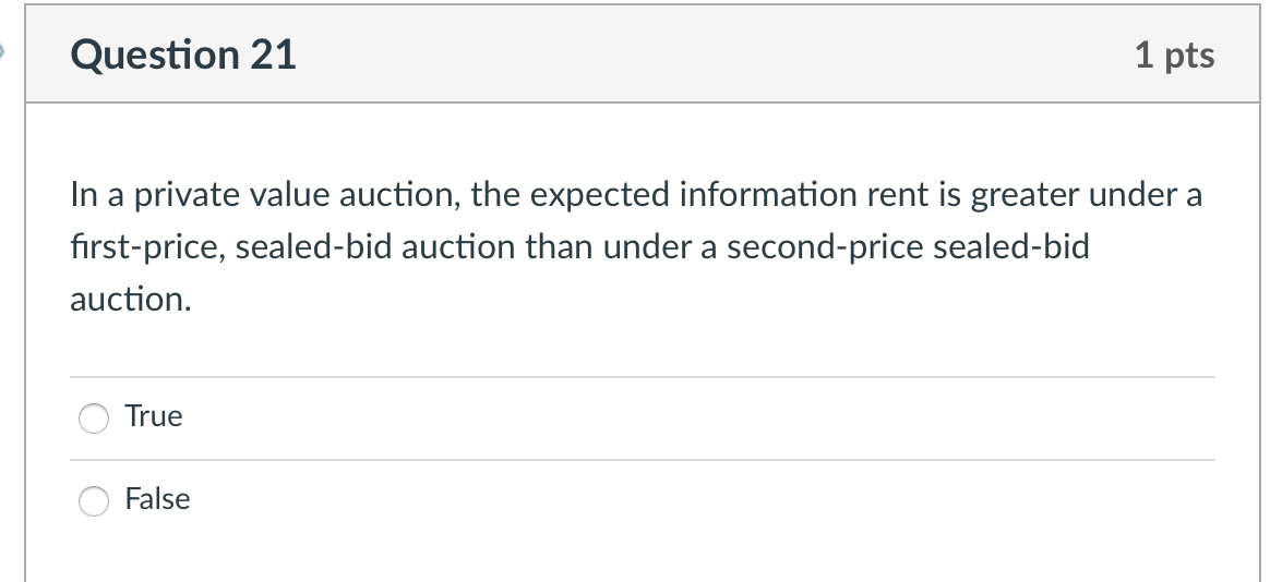 Question 21 1 pts In a private value auction, the