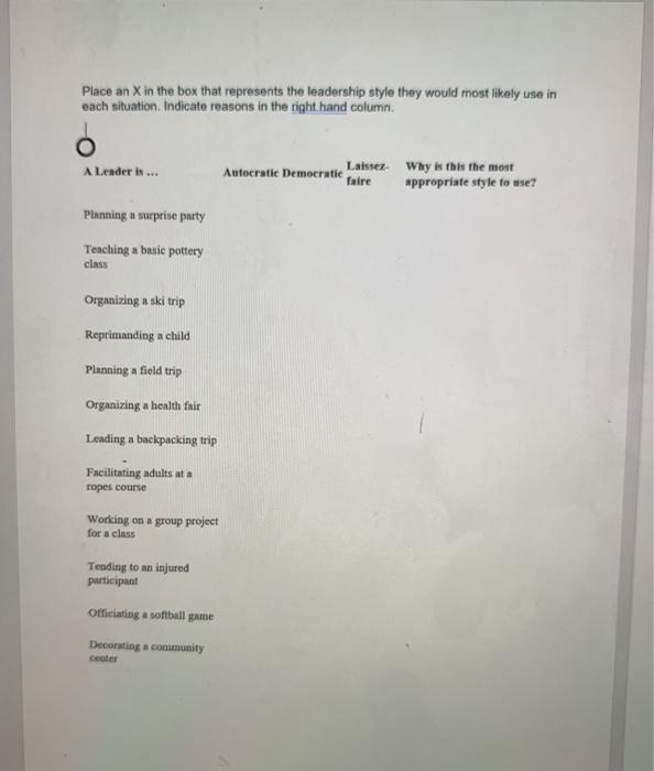 follow direction on page. answer all Place an X