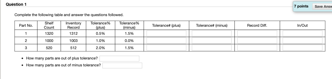 Question 1 7 points Save Answ Complete the