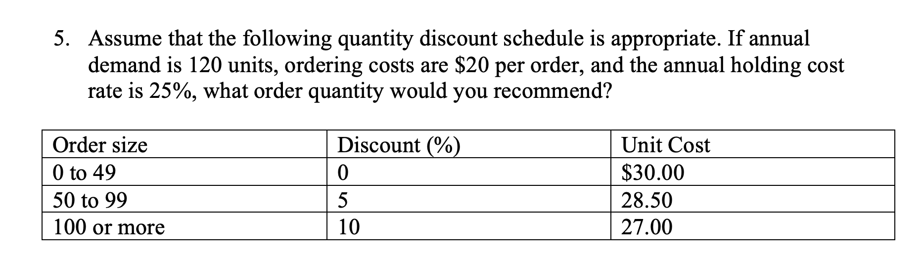 5. Assume that the following quantity discount