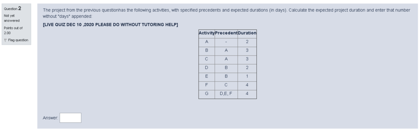 Question 2 Not yet answered The project from the