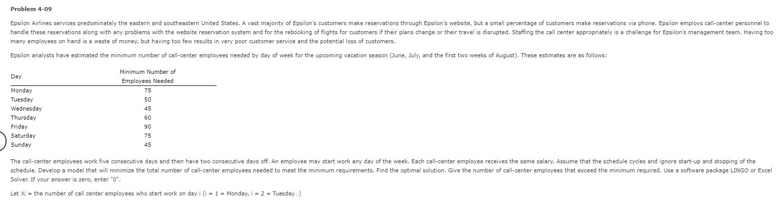 Problem 4-09 Epsilon Airlines services