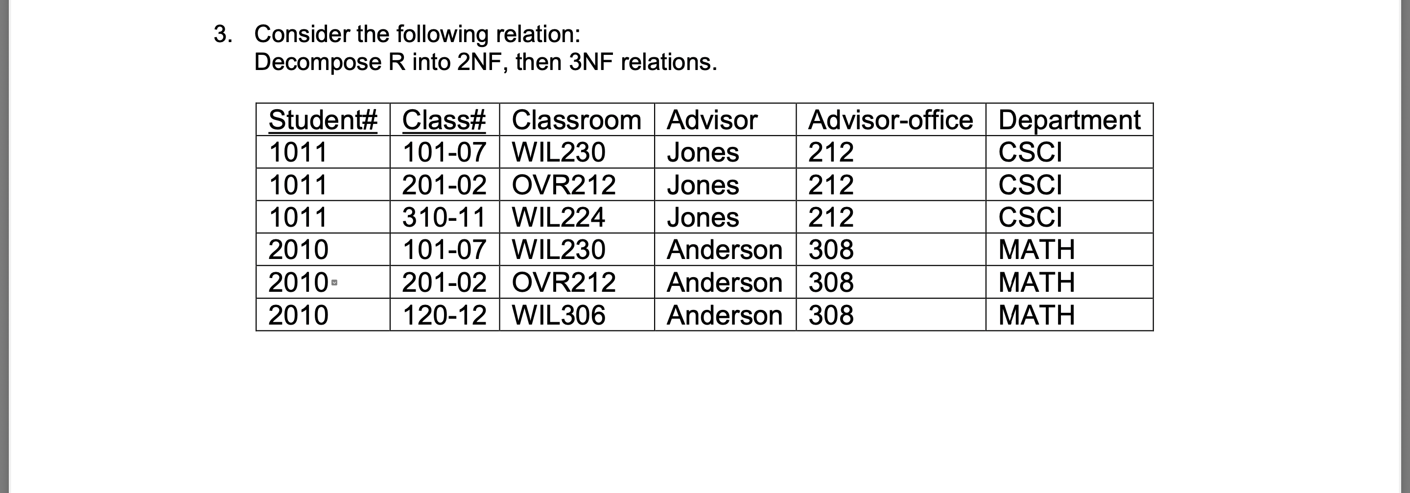 3. Consider the following relation: Decompose R